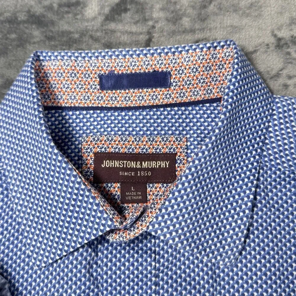 Johnston & Murphy Sz L Printed Long Sleeve Shirt Contrast Pink Blue Shadow Dot